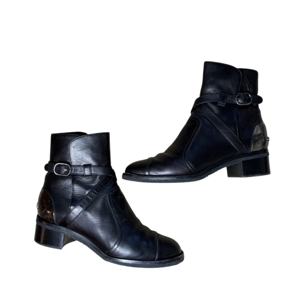 CHANEL short leather black boots metal heel 39